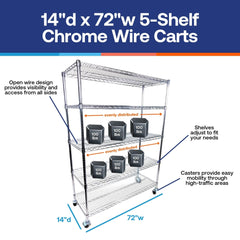 14"d x 72"w - 5-Shelf Chrome Wire Carts w/ 3" Casters