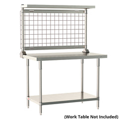 12"d x 34"h TableWorx Work Table Risers w/ Cantilevered Stainless Steel Solid Shelf & Epoxy SmartWall Grid - Rear Mount