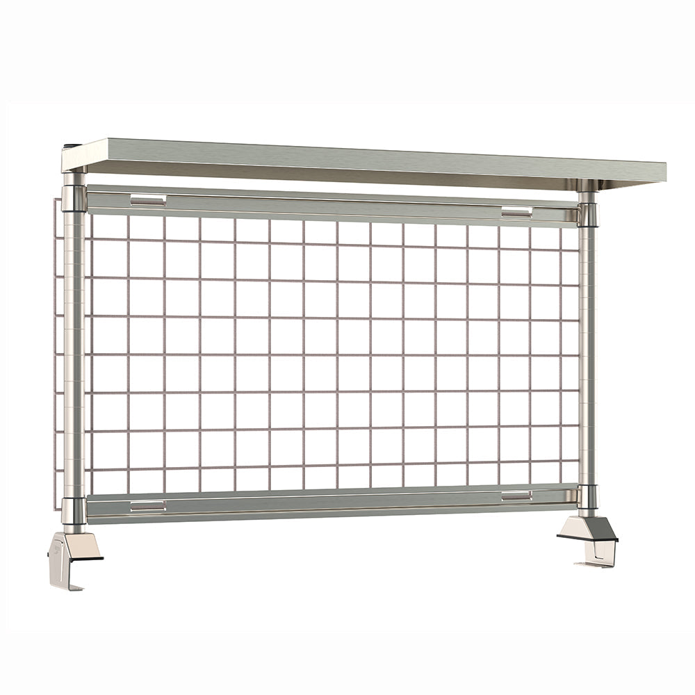 12"d x 34"h TableWorx Work Table Risers w/ Cantilevered Stainless Steel Solid Shelf & Epoxy SmartWall Grid - Rear Mount