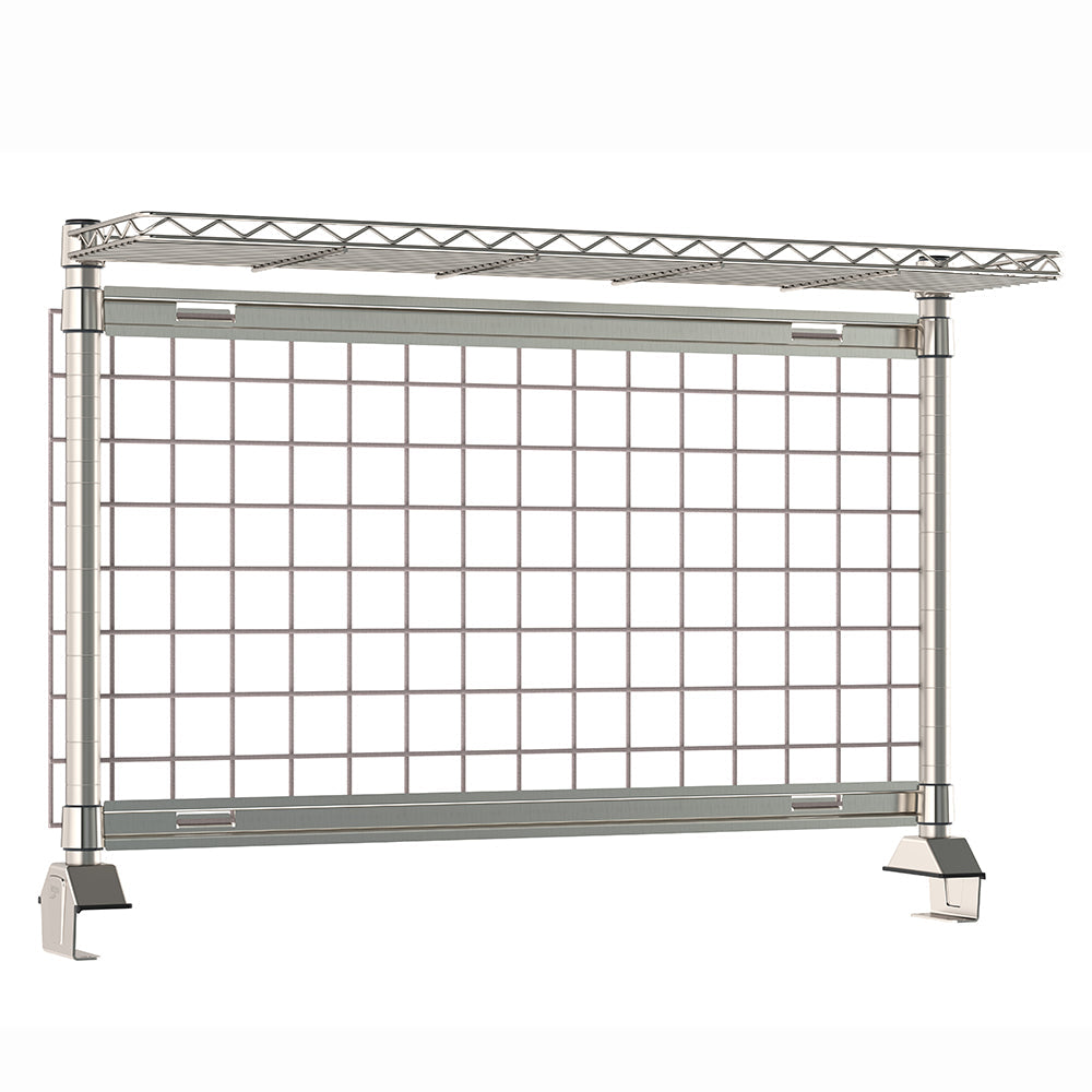 12"d x 34"h TableWorx Work Table Risers w/ Cantilevered Stainless Steel Wire Shelf & Epoxy SmartWall Grid - Rear Mount