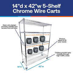 14"d x 42"w - 5-Shelf Chrome Wire Carts w/ 3" Casters