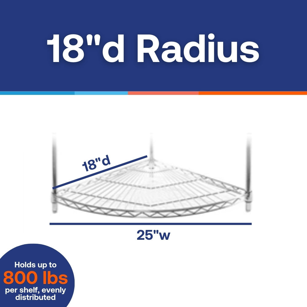 18"d Chrome Wire Radius Corner Unit w/ 4 Shelves