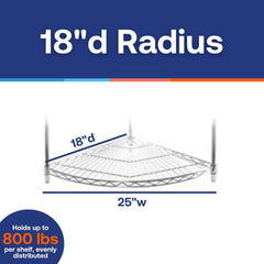 18"d Chrome Wire Radius Corner Unit w/ 3 Shelves
