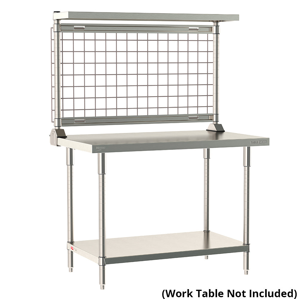 12"d x 34"h TableWorx Work Table Risers w/ Cantilevered Stainless Steel Solid Shelf & Epoxy SmartWall Grid - Rear Mount