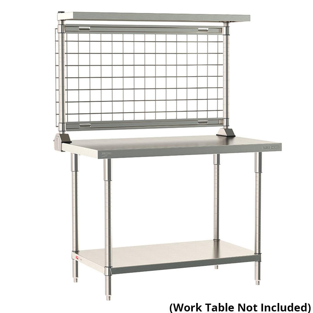 12"d x 34"h TableWorx Work Table Risers w/ Cantilevered Stainless Steel Solid Shelf & SmartWall Grid - Rear Mount
