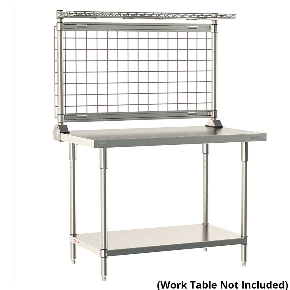 12"d x 34"h TableWorx Work Table Risers w/ Cantilevered Stainless Steel Wire Shelf & Epoxy SmartWall Grid - Rear Mount